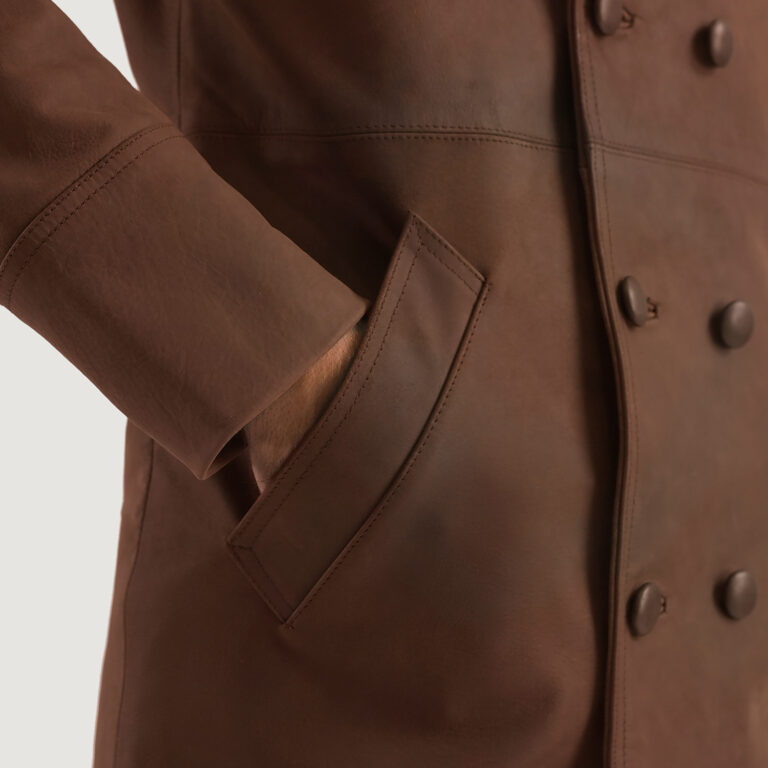 Mens Half Life Brown Leather Coat Close-Up-9-1701086966286